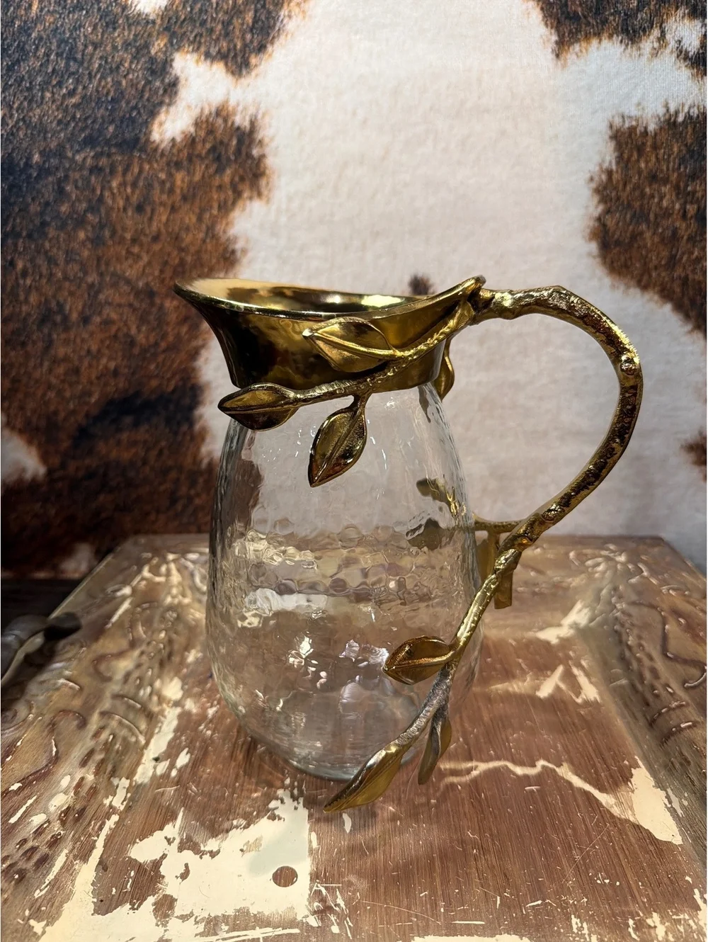 Vintage Glass Pitcher with Decorative Gold-Tone Leaf Handle